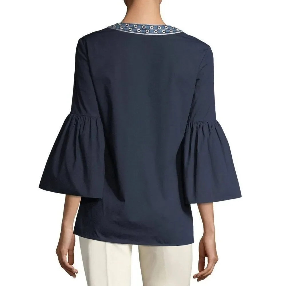 Tory Burch Ariana Crisp Poplin Mirror Applique Tunic 4 Navy